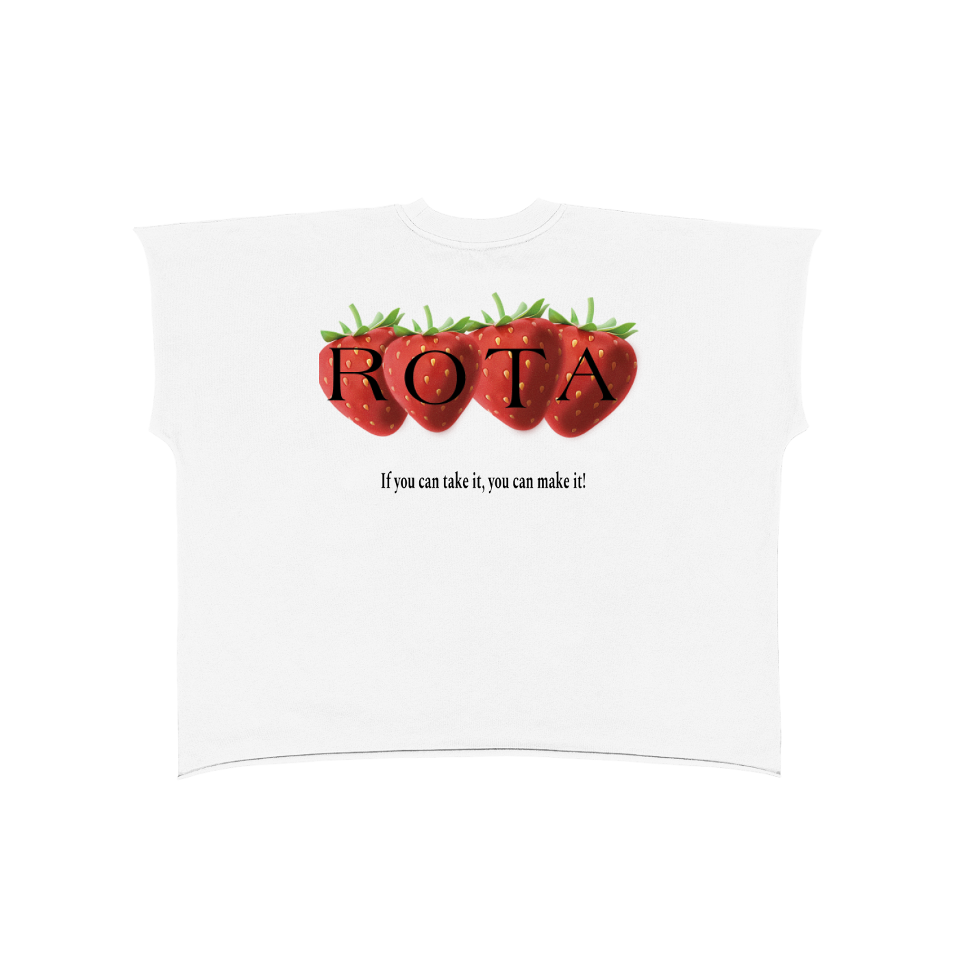 ROTA “Strawberry Statement WHITE” Tee | Raw Edge Boxy Non-Shrink T-Shirt – Gender Neutral